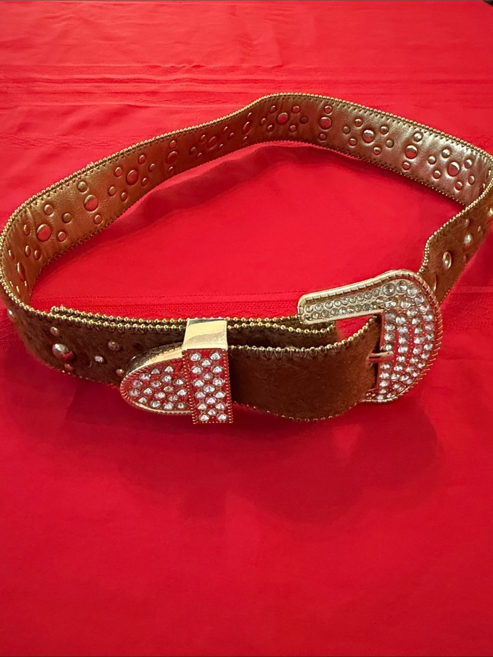 Kathy Van Zeeland Brown Mohair/Gold Rhinestone Belt Size Large
